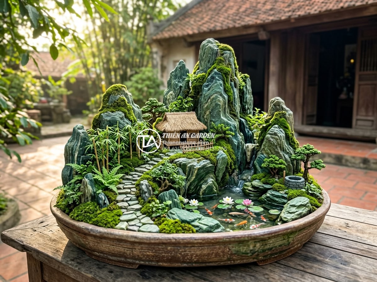 So sánh tiểu cảnh làng quê Bắc Bộ hiện đại và truyền thống: Nên chọn loại nào? - Hình 1 So sánh tiểu cảnh làng quê Bắc Bộ hiện đại và truyền thống: Nên chọn loại nào? - Photorealistic wide-angle view of a traditional Northern Vietnamese village mini