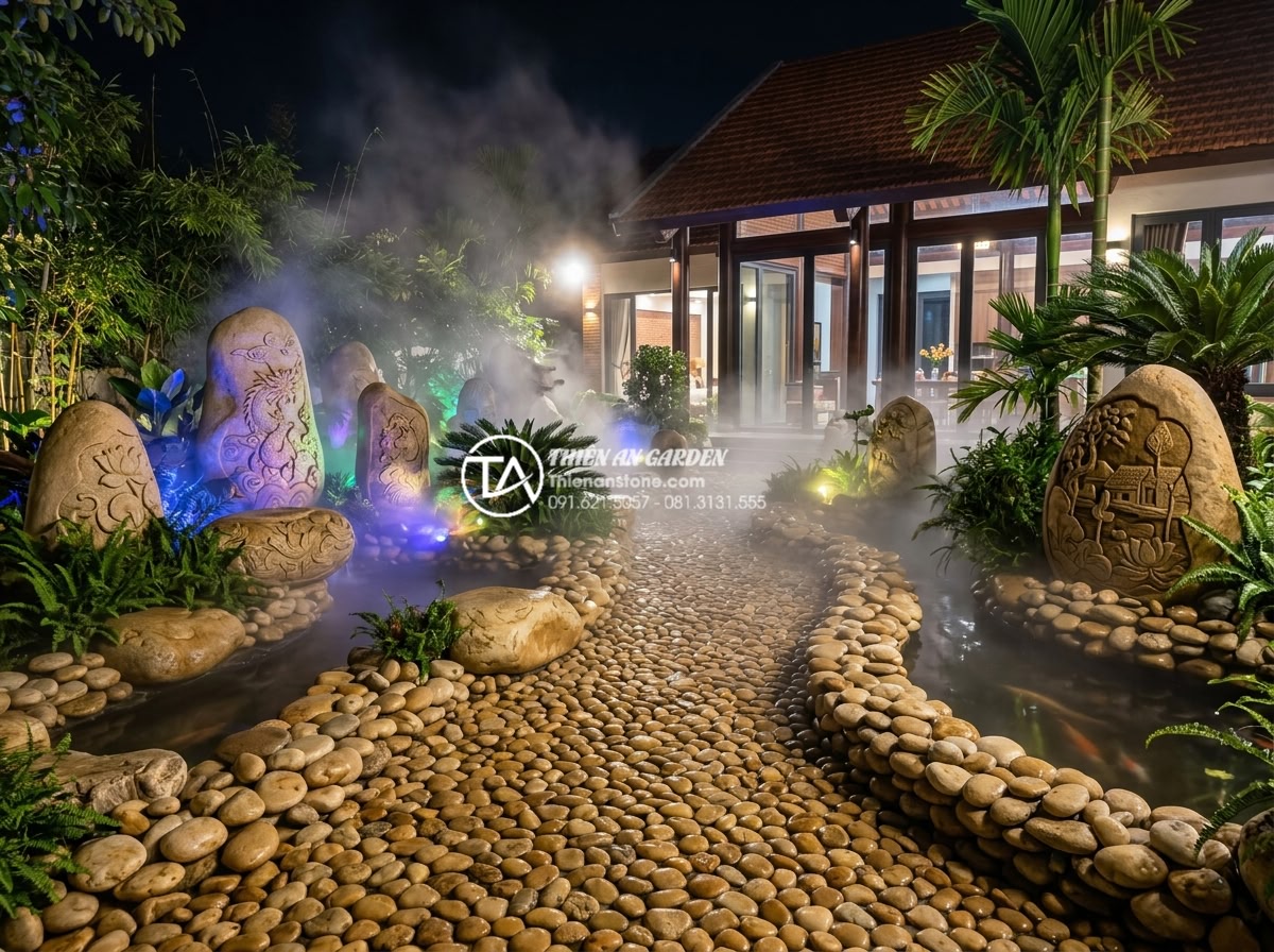 So sánh tiểu cảnh làng quê Bắc Bộ hiện đại và truyền thống: Nên chọn loại nào? - Hình 10 So sánh tiểu cảnh làng quê Bắc Bộ hiện đại và truyền thống: Nên chọn loại nào? - Luxurious modern Northern Vietnamese village garden at night with dramatic fog e