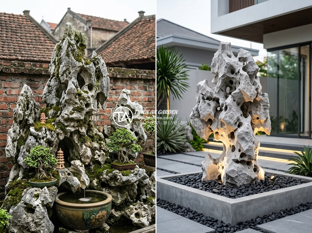 So sánh tiểu cảnh làng quê Bắc Bộ hiện đại và truyền thống: Nên chọn loại nào? - Hình 5 So sánh tiểu cảnh làng quê Bắc Bộ hiện đại và truyền thống: Nên chọn loại nào? - Side-by-side comparison photorealistic image showing traditional vs modern North