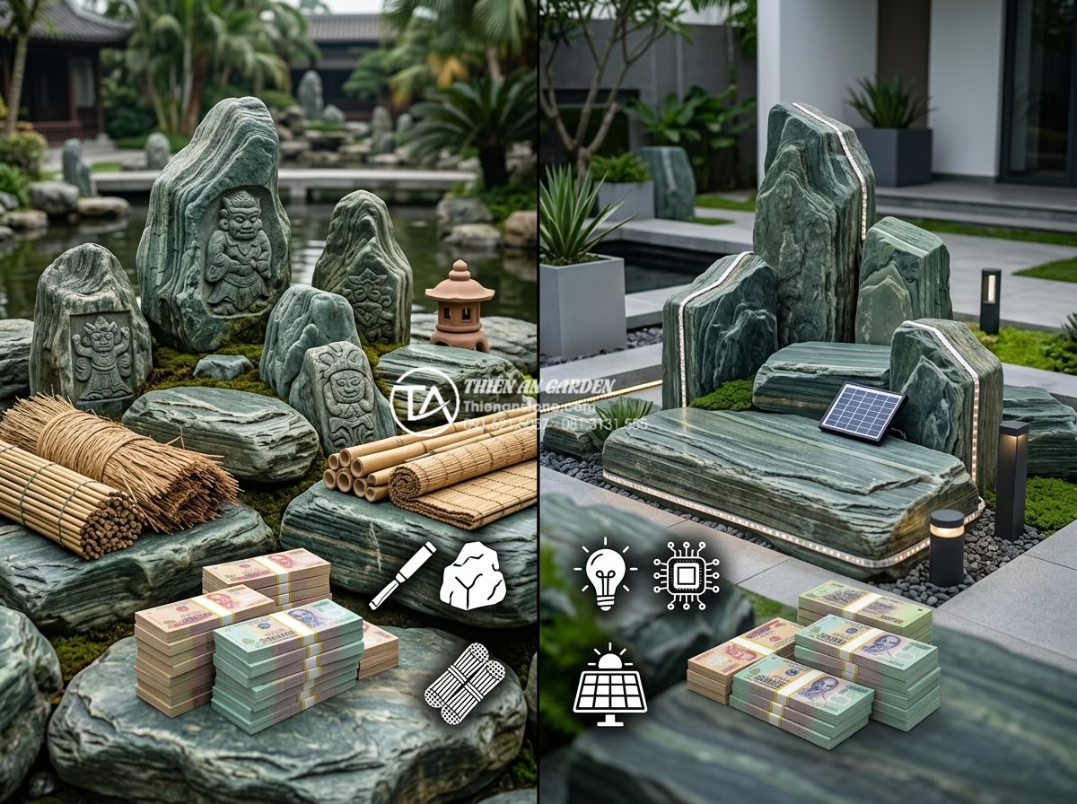 So sánh tiểu cảnh làng quê Bắc Bộ hiện đại và truyền thống: Nên chọn loại nào? - Hình 8 So sánh tiểu cảnh làng quê Bắc Bộ hiện đại và truyền thống: Nên chọn loại nào? - Infographic-style realistic image comparing cost breakdown of traditional versus