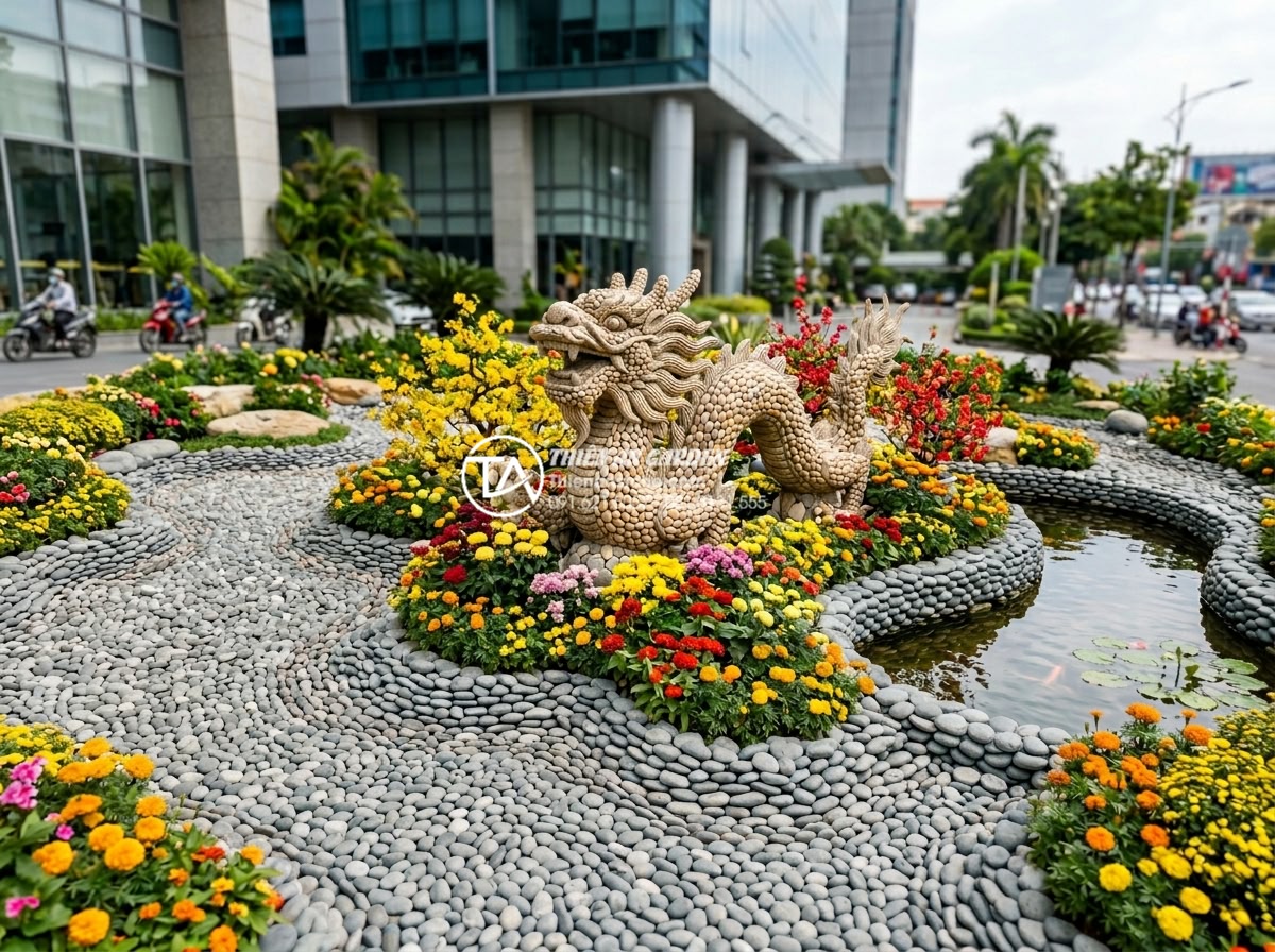 Sự kết hợp giữa tượng điêu khắc và tiểu cảnh hoa tết đá cảnh - Professional team photo of Đá Cảnh Thiên An experts standing proudly in front of