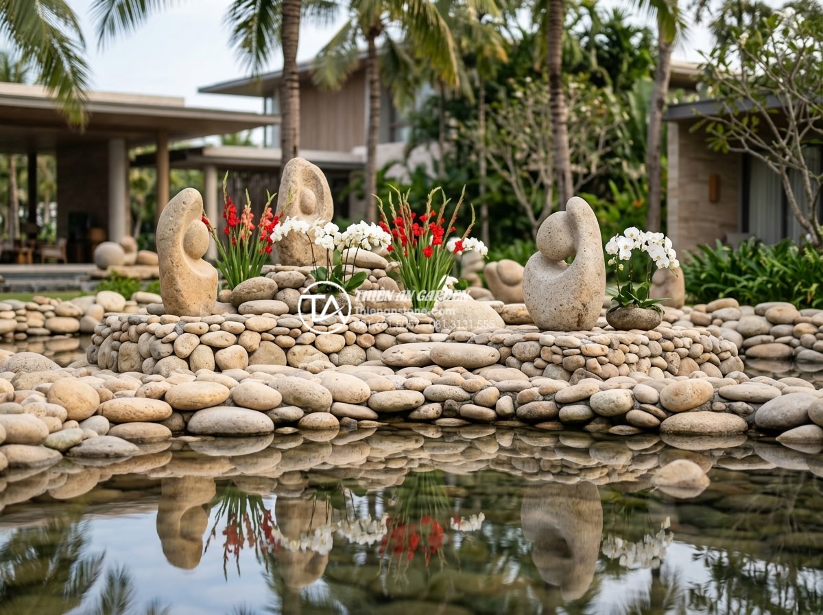 Sự kết hợp giữa tượng điêu khắc và tiểu cảnh hoa tết đá cảnh - Modern luxury resort garden during Vietnamese Lunar New Year showing a sophistic