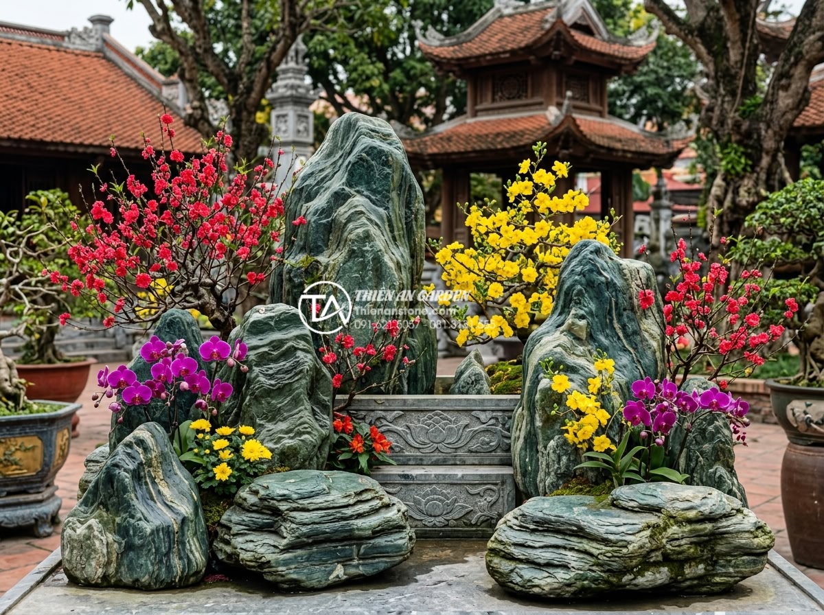 Sự kết hợp giữa tượng điêu khắc và tiểu cảnh hoa tết đá cảnh - Vibrant color palette demonstration in a Tet stone garden showing natural grey g