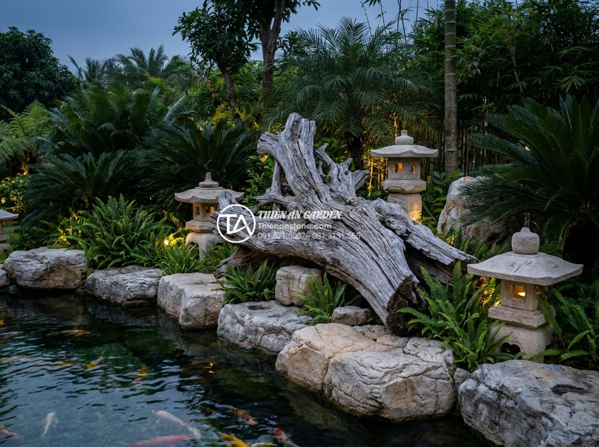 Sự khác biệt giữa gỗ lũa tự nhiên và gỗ giả lũa trên thị trường - Hình 1 Sự khác biệt giữa gỗ lũa tự nhiên và gỗ giả lũa trên thị trường - High-resolution realistic photograph of a luxurious Vietnamese villa garden feat