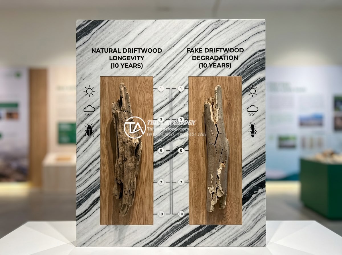 Sự khác biệt giữa gỗ lũa tự nhiên và gỗ giả lũa trên thị trường - Hình 4 Sự khác biệt giữa gỗ lũa tự nhiên và gỗ giả lũa trên thị trường - Professional infographic style comparison chart showing natural driftwood longev