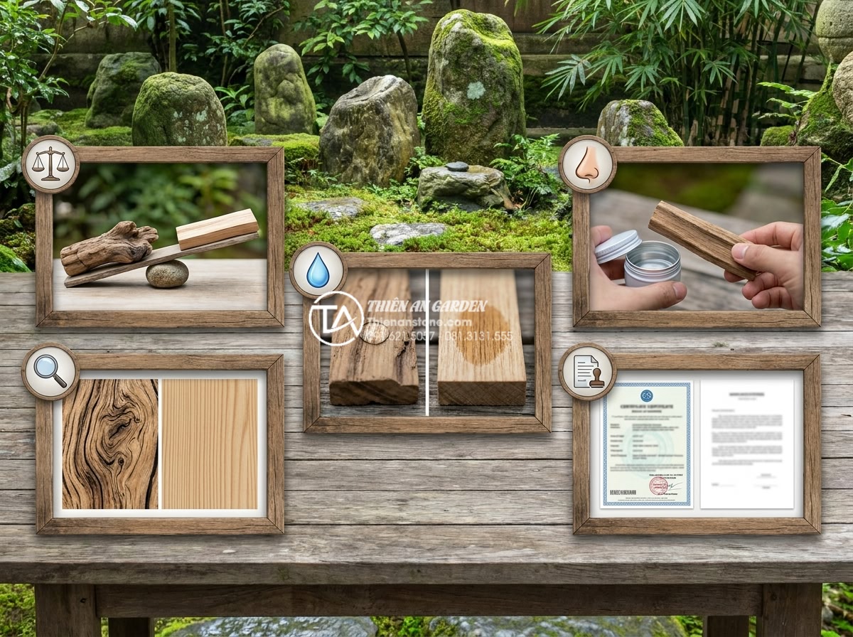 Sự khác biệt giữa gỗ lũa tự nhiên và gỗ giả lũa trên thị trường - Hình 5 Sự khác biệt giữa gỗ lũa tự nhiên và gỗ giả lũa trên thị trường - Educational step-by-step infographic showing 5 expert methods to identify real n