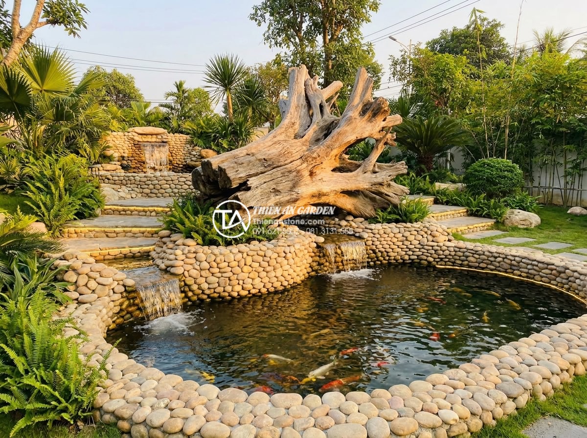 Sự khác biệt giữa gỗ lũa tự nhiên và gỗ giả lũa trên thị trường - Hình 7 Sự khác biệt giữa gỗ lũa tự nhiên và gỗ giả lũa trên thị trường - Beautiful final result photograph of a completed luxury garden project by Thien