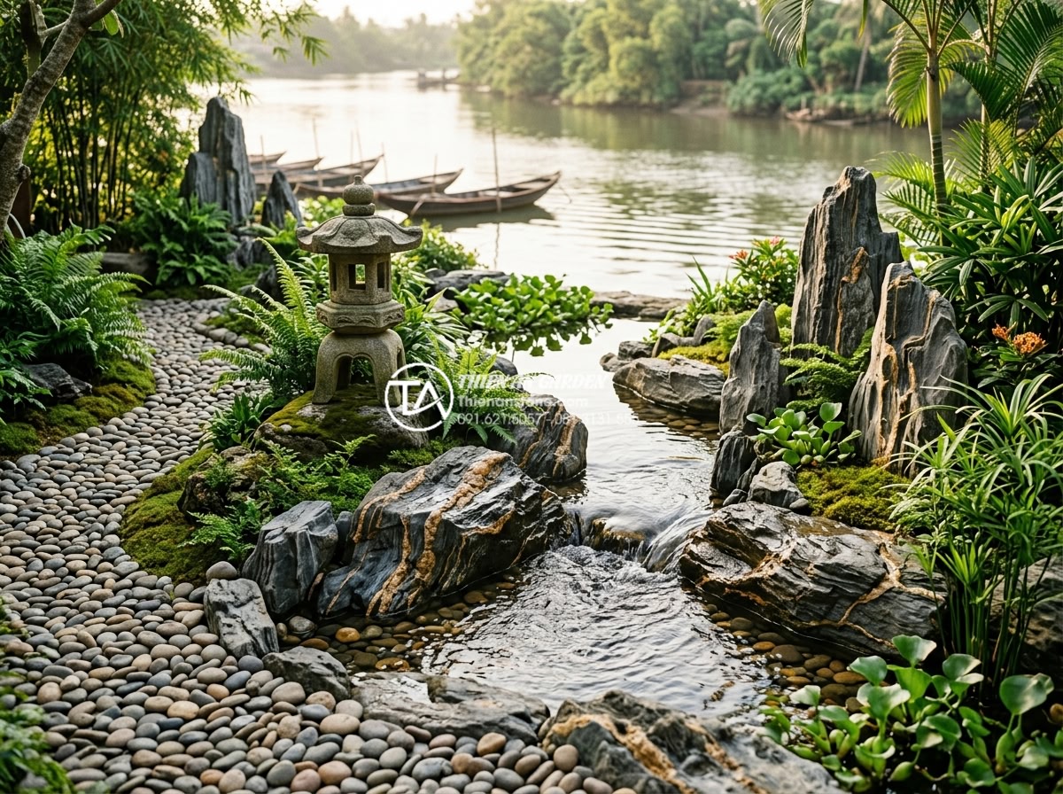 Tại sao đá cuội là lựa chọn hàng đầu cho tiểu cảnh sông nước làng quê? - Detailed photorealistic image of feng shui inspired Vietnamese riverside garden 