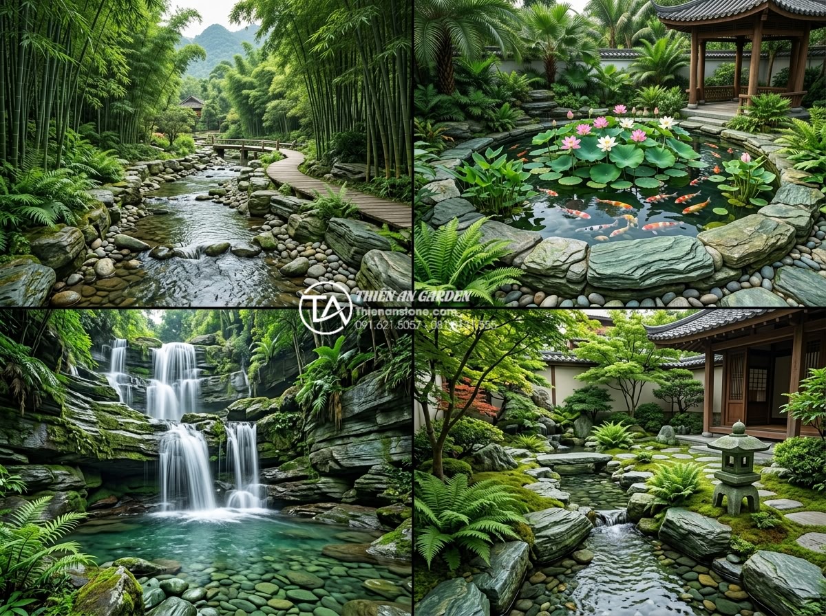 Tại sao đá cuội là lựa chọn hàng đầu cho tiểu cảnh sông nước làng quê? - Beautiful photorealistic collage of four different Vietnamese countryside rivers