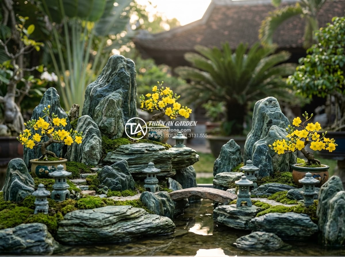 Tại sao nên chọn đá tự nhiên thay vì chậu nhựa cho tiểu cảnh tết 2026? - Realistic high-resolution photograph of a luxurious Vietnamese Tet 2026 miniatur