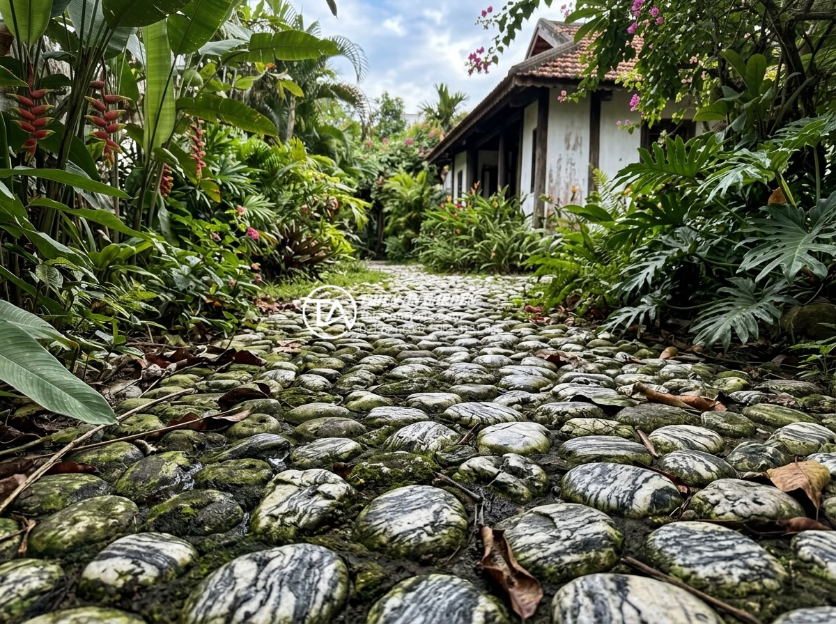Tại sao tiểu cảnh đá cuội nhanh bị cũ? 10 cách bảo dưỡng định kỳ - High-resolution realistic photograph of a weathered pebble stone garden path in 