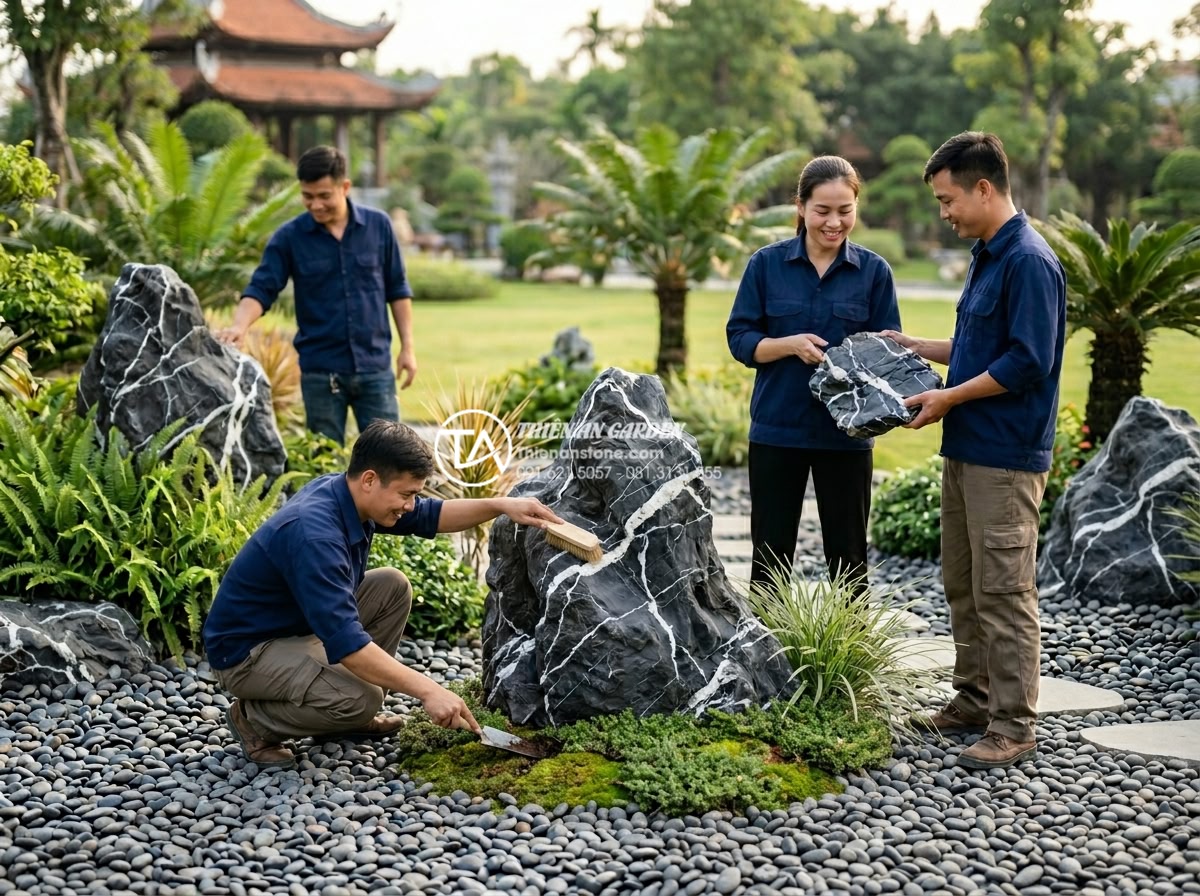 Tại sao tiểu cảnh đá cuội nhanh bị cũ? 10 cách bảo dưỡng định kỳ - Professional team photo of Đá Cảnh Thiên An experts inspecting and maintaining a