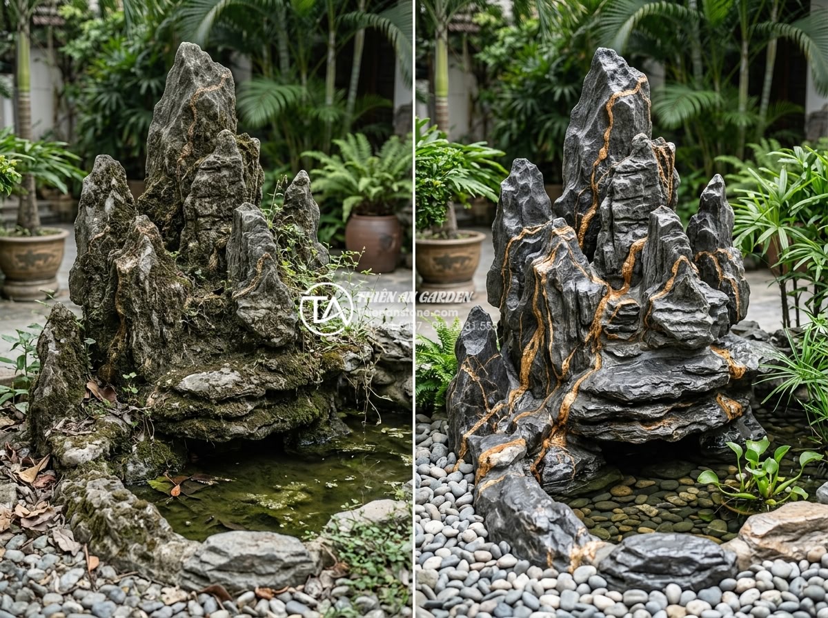 Tại sao tiểu cảnh đá cuội nhanh bị cũ? 10 cách bảo dưỡng định kỳ - Before-and-after realistic comparison photo of a neglected vs professionally res