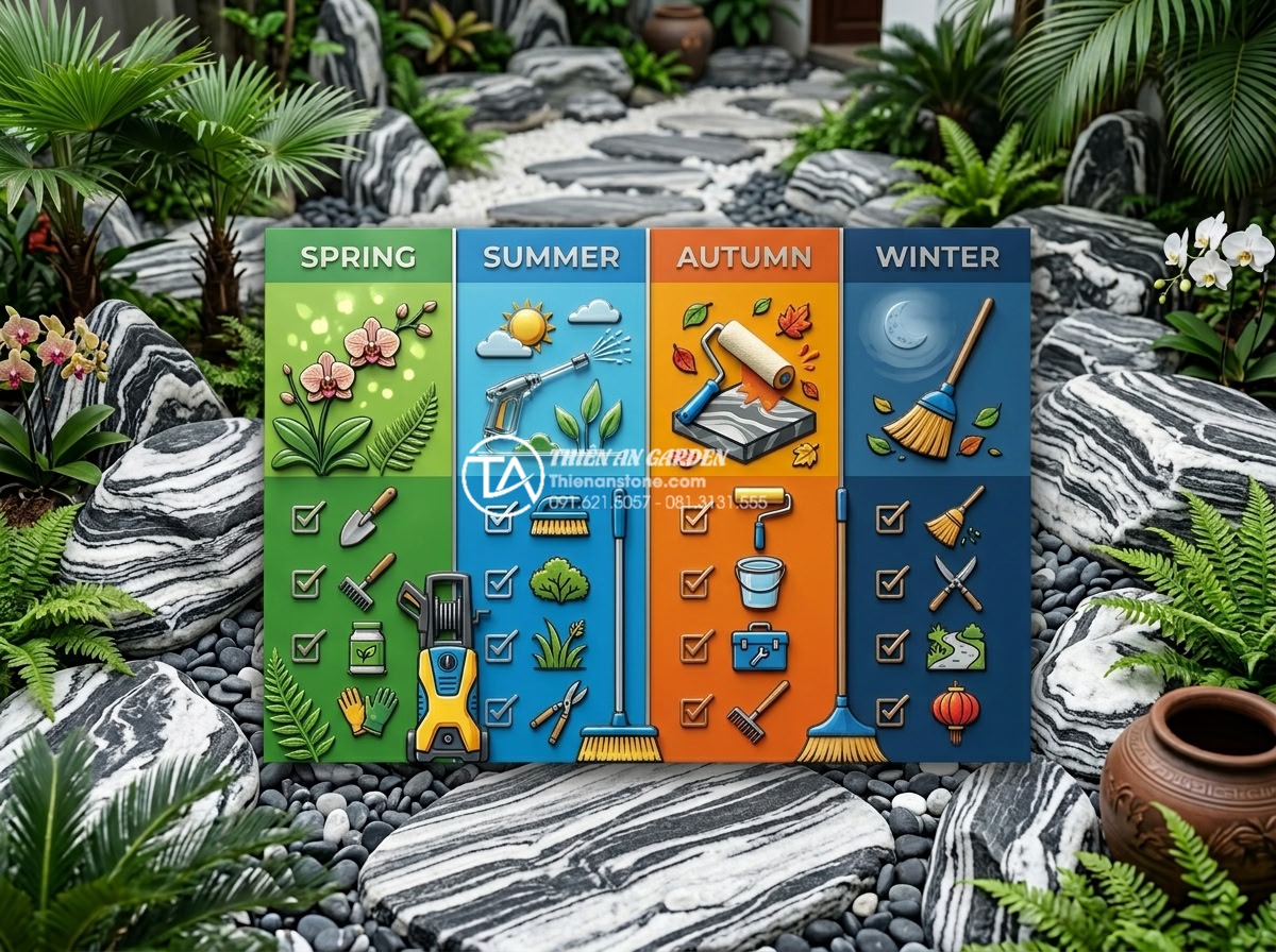 Tại sao tiểu cảnh đá cuội nhanh bị cũ? 10 cách bảo dưỡng định kỳ - Clean infographic style realistic image of seasonal maintenance calendar for Vie