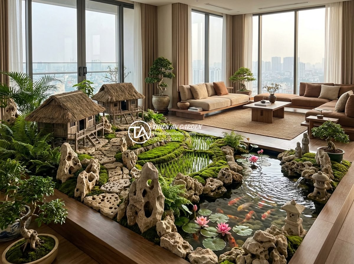 Tại sao tiểu cảnh làng quê Bắc Bộ đang trở thành xu hướng nội thất 2026? - Photorealistic wide-angle view of a modern luxury living room in Hanoi 2026 feat