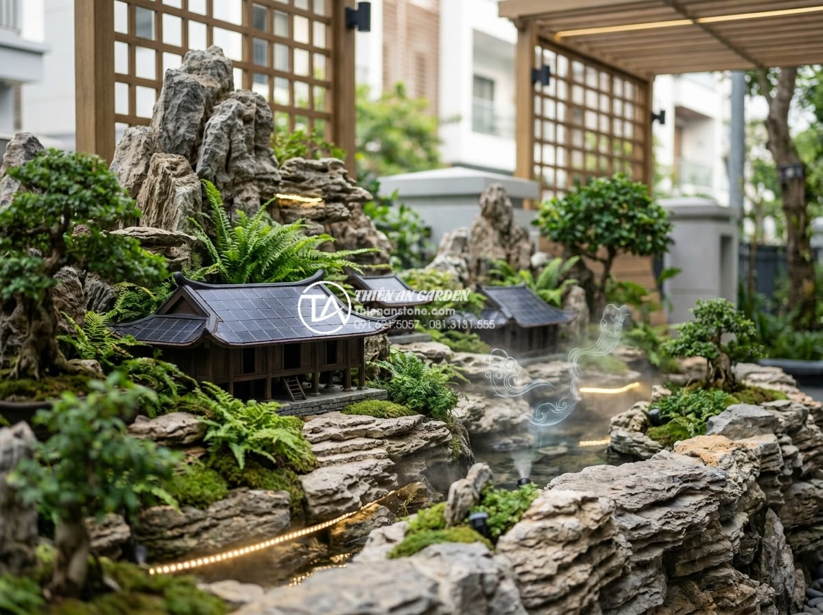 Tại sao tiểu cảnh làng quê Bắc Bộ đang trở thành xu hướng nội thất 2026? - Futuristic yet authentic photorealistic vision of a 2030 smart home garden featu