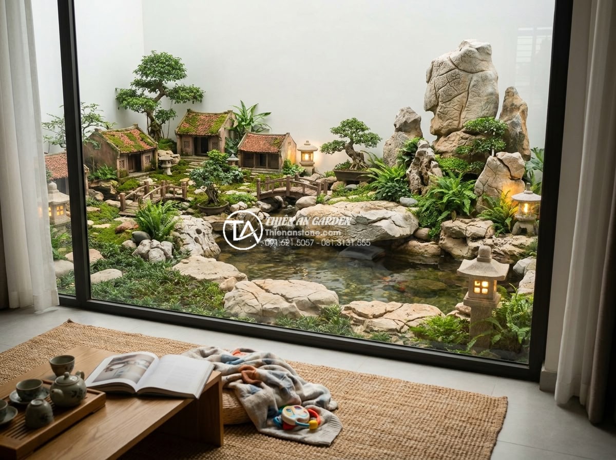 Tại sao tiểu cảnh làng quê Bắc Bộ đang trở thành xu hướng nội thất 2026? - Warm family moment photorealistic image inside a modern Vietnamese home with lar