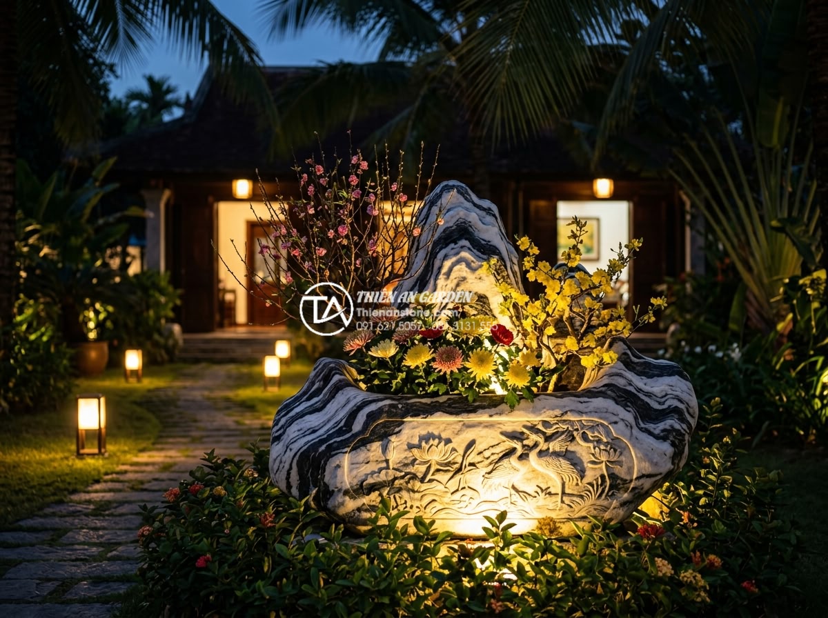 Tầm quan trọng của ánh sáng trong tiểu cảnh hoa tết đá tự nhiên ban đêm - Professional nighttime photography of an elegant natural stone Tet flower arrang