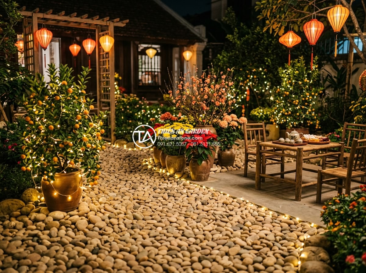 Tầm quan trọng của ánh sáng trong tiểu cảnh hoa tết đá tự nhiên ban đêm - Lifestyle night image of happy Vietnamese family enjoying illuminated natural st