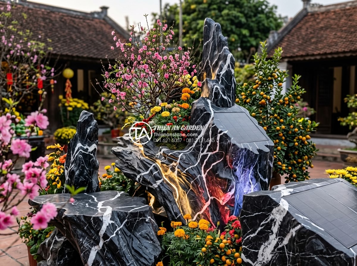 Tầm quan trọng của ánh sáng trong tiểu cảnh hoa tết đá tự nhiên ban đêm - Futuristic 2026 lighting trend visualization for natural stone flower Tet scene 
