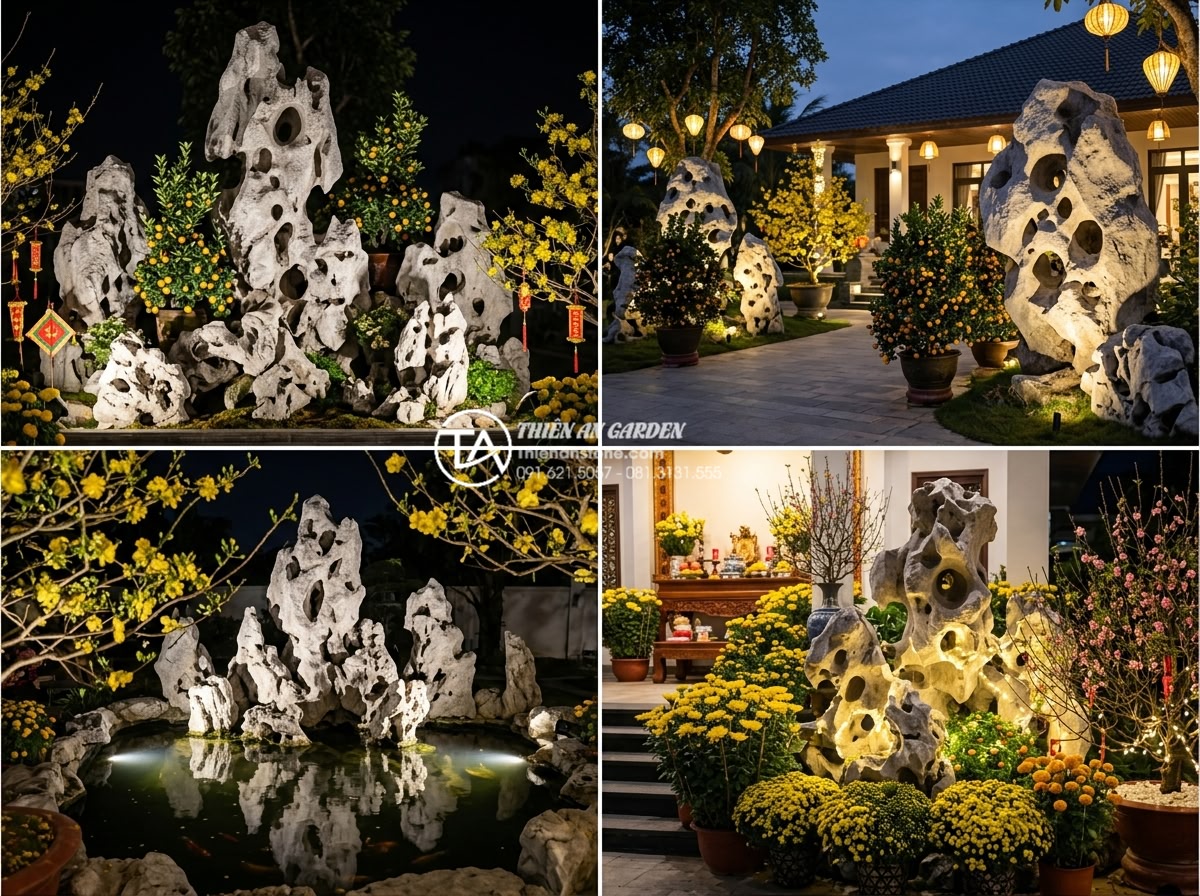 Tầm quan trọng của ánh sáng trong tiểu cảnh hoa tết đá tự nhiên ban đêm - Client testimonial collage image featuring happy homeowners and resort managers 