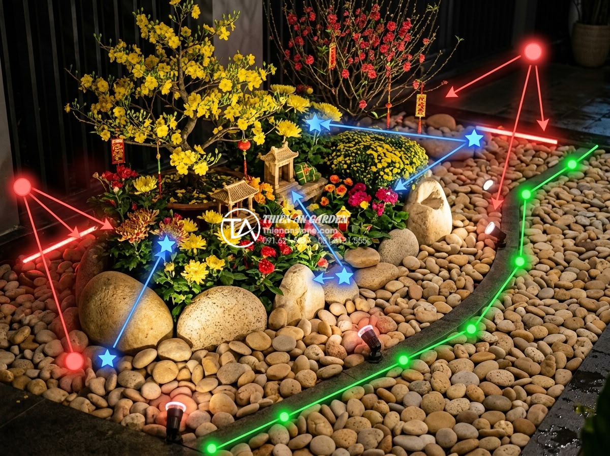 Tầm quan trọng của ánh sáng trong tiểu cảnh hoa tết đá tự nhiên ban đêm - Technical diagram style image showing layered lighting principles for natural st