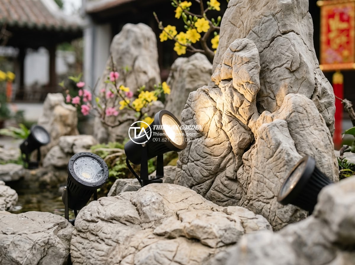 Tầm quan trọng của ánh sáng trong tiểu cảnh hoa tết đá tự nhiên ban đêm - Product showcase image of premium warm white LED landscape lights specifically d