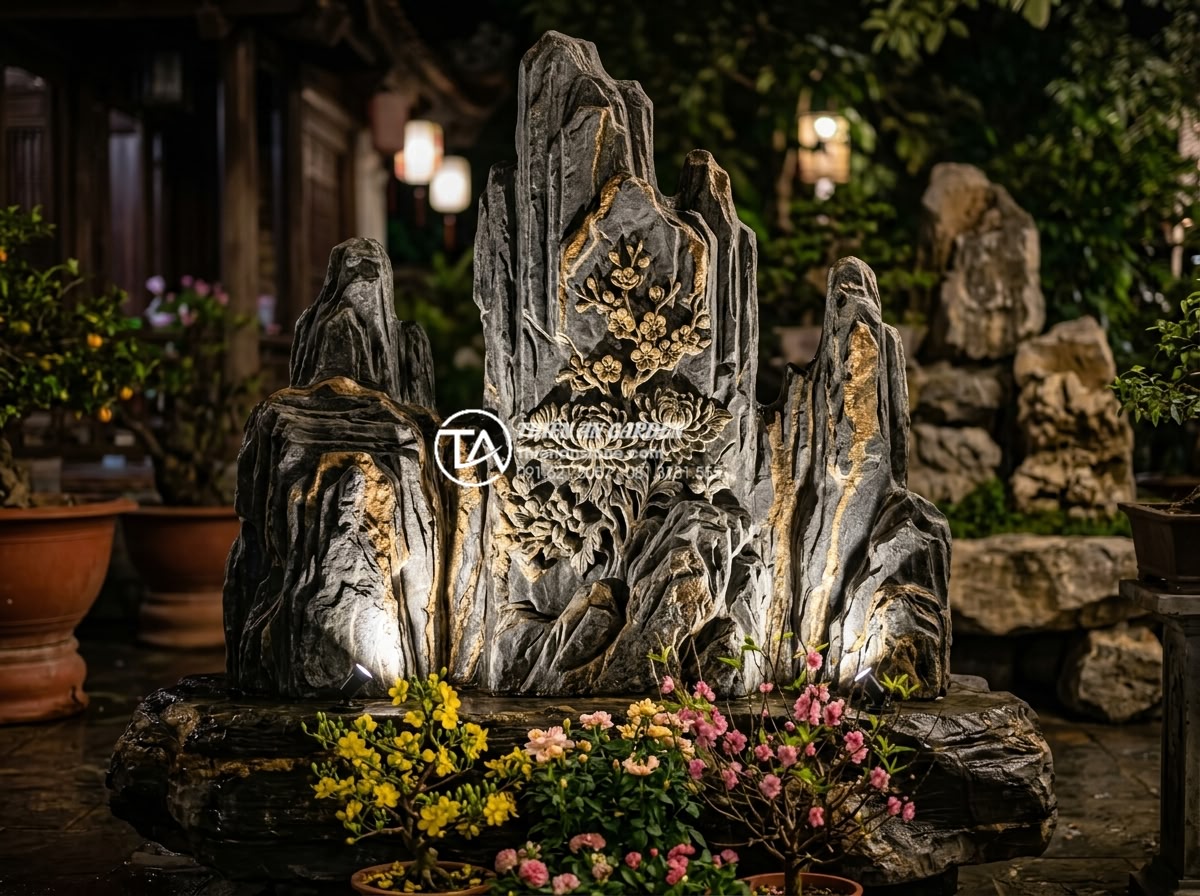 Tầm quan trọng của ánh sáng trong tiểu cảnh hoa tết đá tự nhiên ban đêm - Artistic night rendering of advanced lighting technique on carved natural stone 