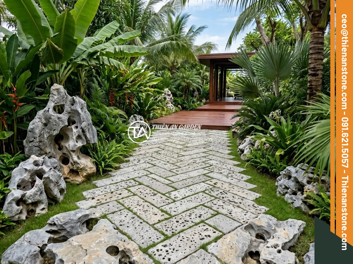 Thiết kế lối đi sân vườn bằng đá cuội kết hợp cỏ xanh cực đẹp - Luxury tropical resort garden pathway featuring large brown river pebbles in her