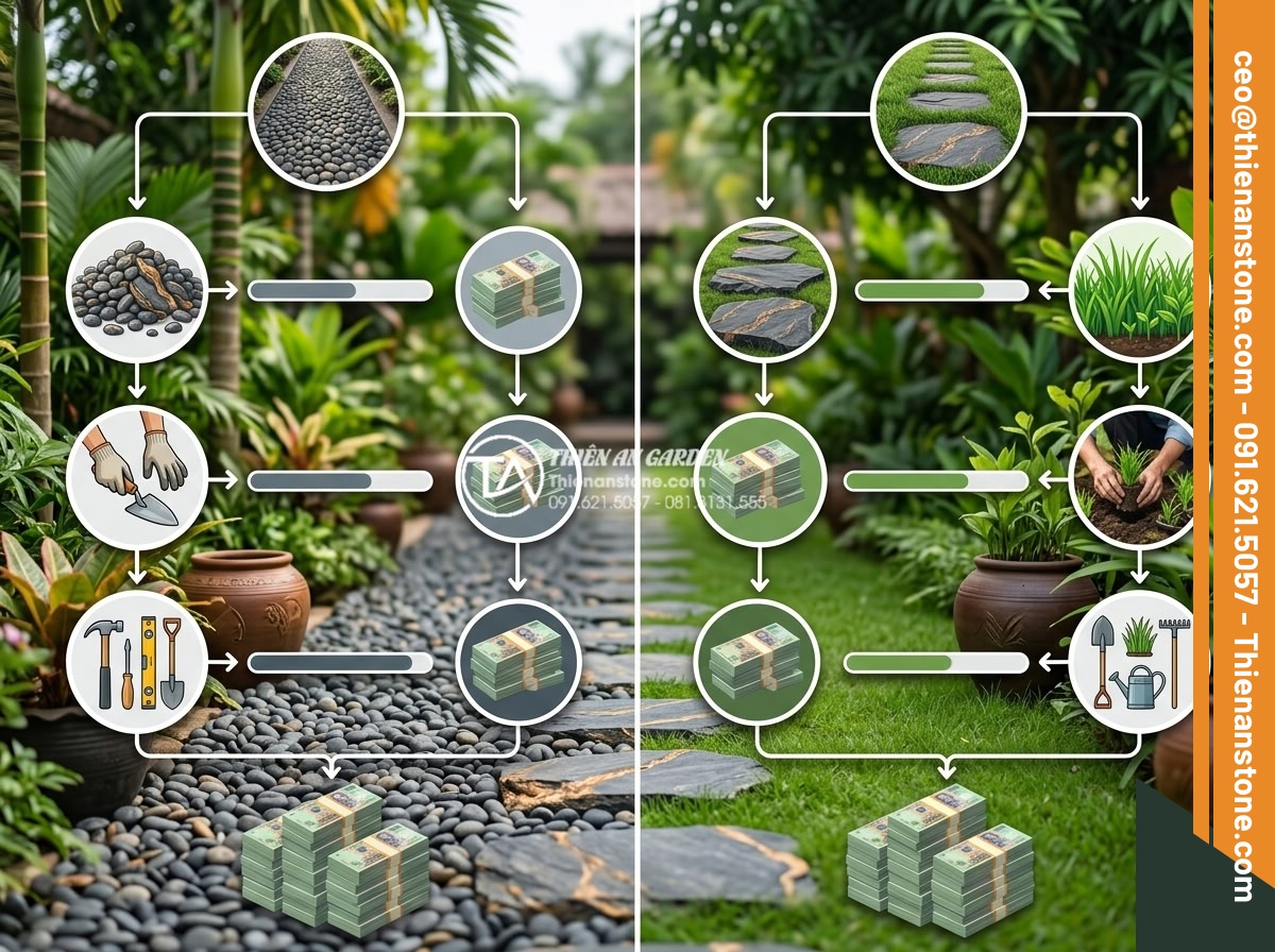 Thiết kế lối đi sân vườn bằng đá cuội kết hợp cỏ xanh cực đẹp - Professional infographic style image showing cost breakdown chart for pebble and