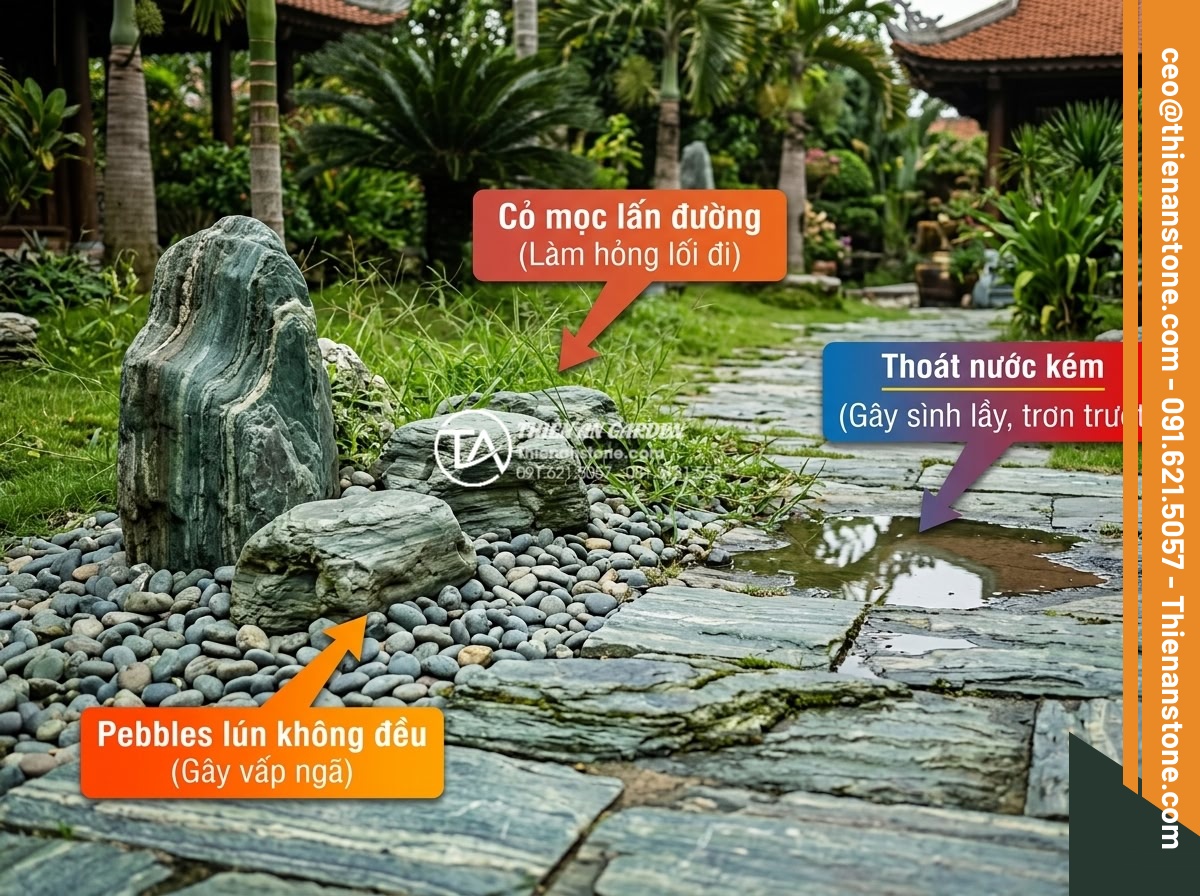 Thiết kế lối đi sân vườn bằng đá cuội kết hợp cỏ xanh cực đẹp - Warning style educational image showing common mistakes in garden path construct