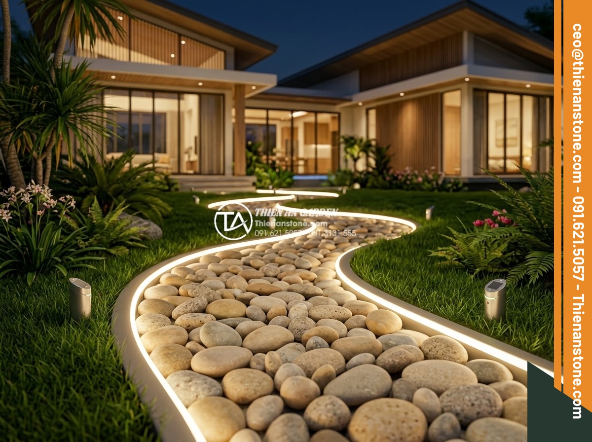 Thiết kế lối đi sân vườn bằng đá cuội kết hợp cỏ xanh cực đẹp - Futuristic smart garden path concept with river pebbles and green grass, integra