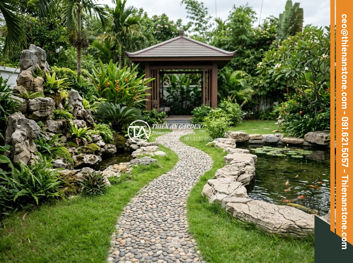 Thiết kế lối đi sân vườn bằng đá cuội kết hợp cỏ xanh cực đẹp - Beautiful integrated garden design showing pebble stone path winding through a V