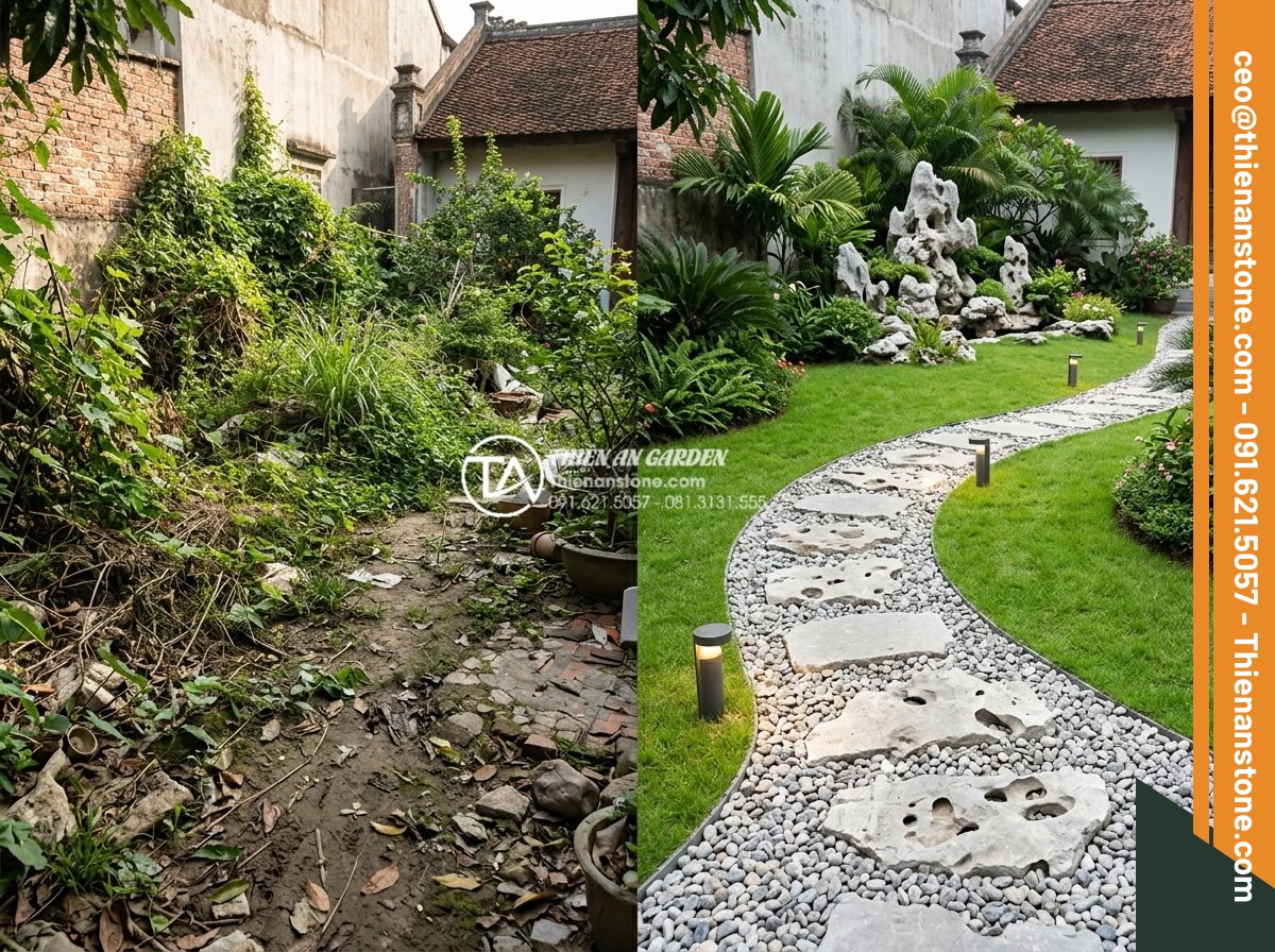 Thiết kế lối đi sân vườn bằng đá cuội kết hợp cỏ xanh cực đẹp - Before and after comparison photo of a real Vietnamese villa garden renovation: 