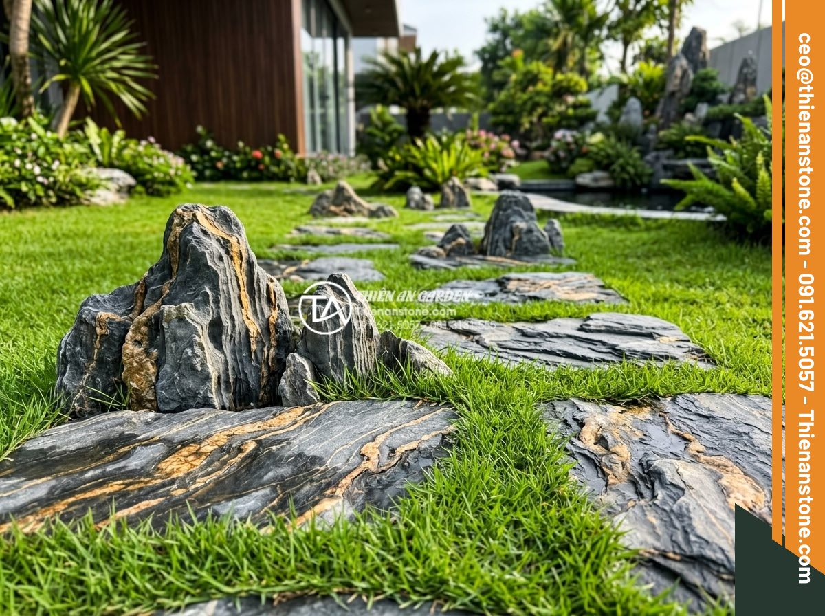 Thiết kế lối đi sân vườn bằng đá cuội kết hợp cỏ xanh cực đẹp - Professional landscape photo showing perfect combination of selected river pebbl