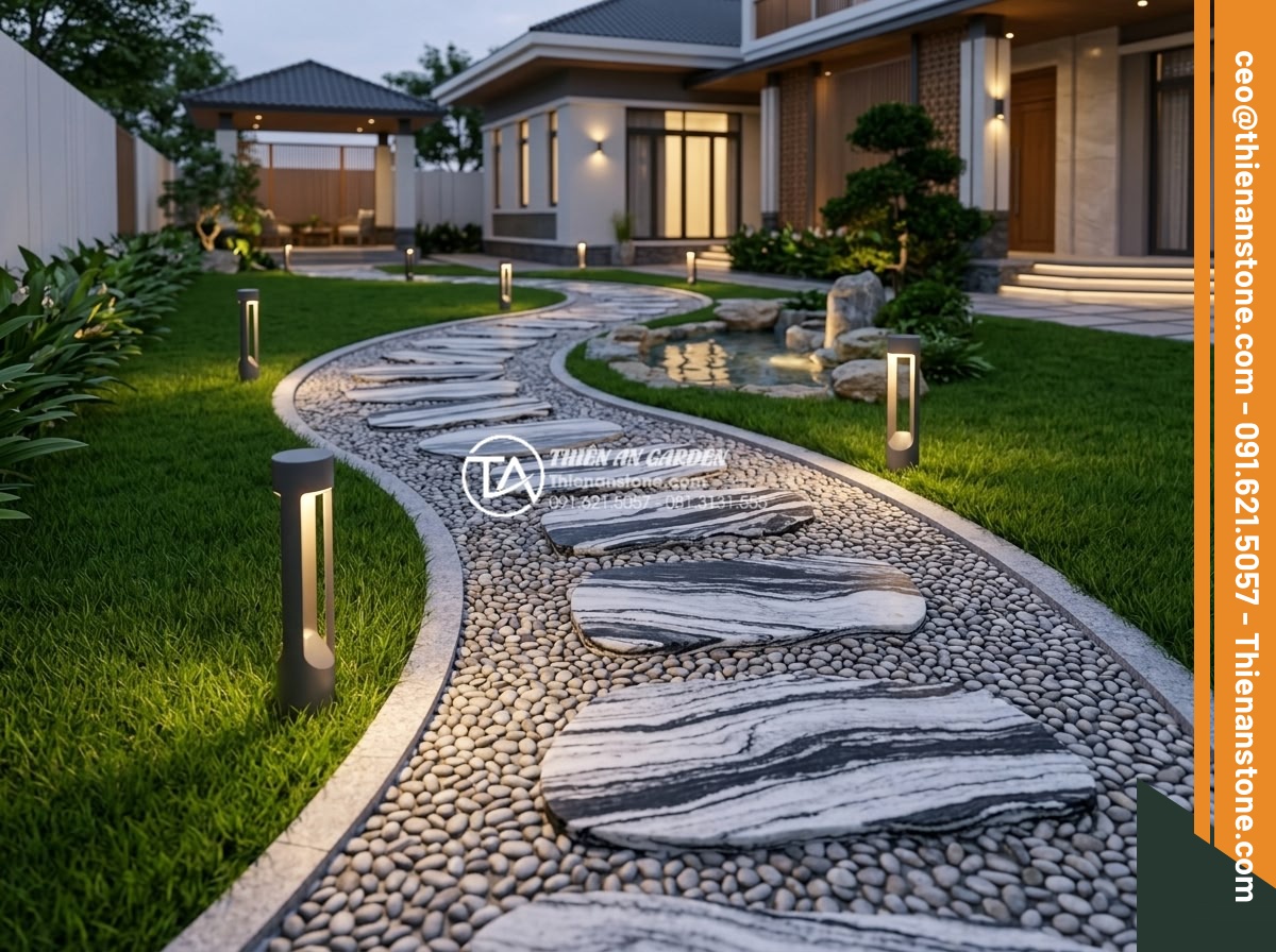 Thiết kế lối đi sân vườn bằng đá cuội kết hợp cỏ xanh cực đẹp - Architectural rendering style image of a beautifully designed Vietnamese garden 