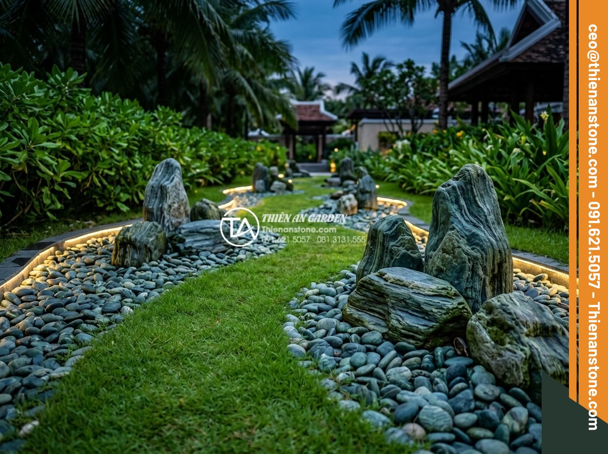 Thiết kế lối đi sân vườn bằng đá cuội kết hợp cỏ xanh cực đẹp - Evening view of a stunning pebble and grass garden path in a high-end Vietnamese