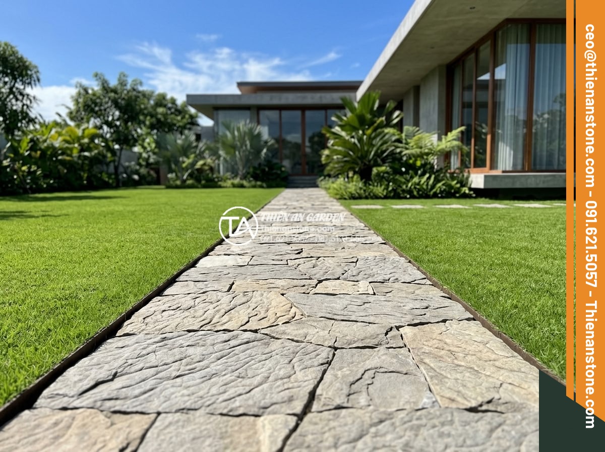 Thiết kế lối đi sân vườn bằng đá cuội kết hợp cỏ xanh cực đẹp - Modern minimalist Vietnamese garden path with clean straight lines of uniform gr
