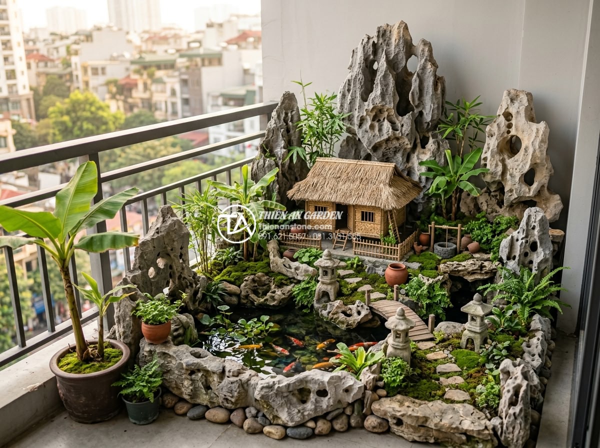 Thiết kế tiểu cảnh làng quê mini: Giải pháp xanh cho không gian phố nhỏ - A highly detailed realistic photograph of a compact mini rural Vietnamese villag