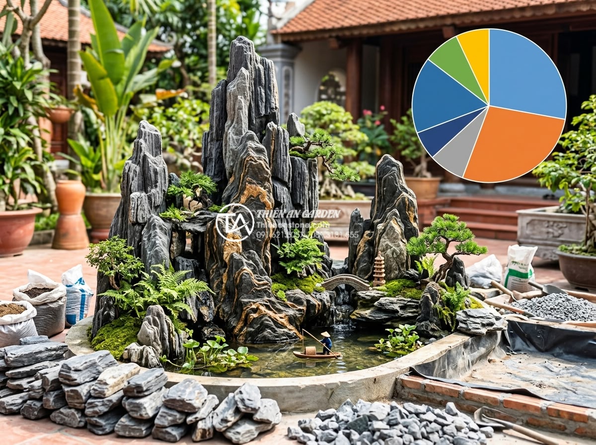 Thiết kế tiểu cảnh làng quê mini: Giải pháp xanh cho không gian phố nhỏ - Hình 9 Thiết kế tiểu cảnh làng quê mini: Giải pháp xanh cho không gian phố nhỏ - Professional infographic style realistic image showing cost breakdown of a mini