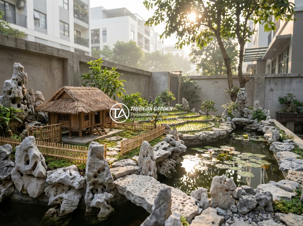 Tích hợp hồ cá Koi vào tiểu cảnh làng quê Bắc Bộ: Nên hay không? - Photorealistic wide-angle view of a traditional Northern Vietnamese village mini