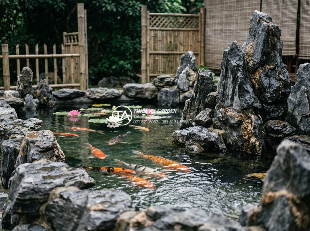 Tích hợp hồ cá Koi vào tiểu cảnh làng quê Bắc Bộ: Nên hay không? - Close-up realistic photograph of a beautifully designed Koi pond integrated into