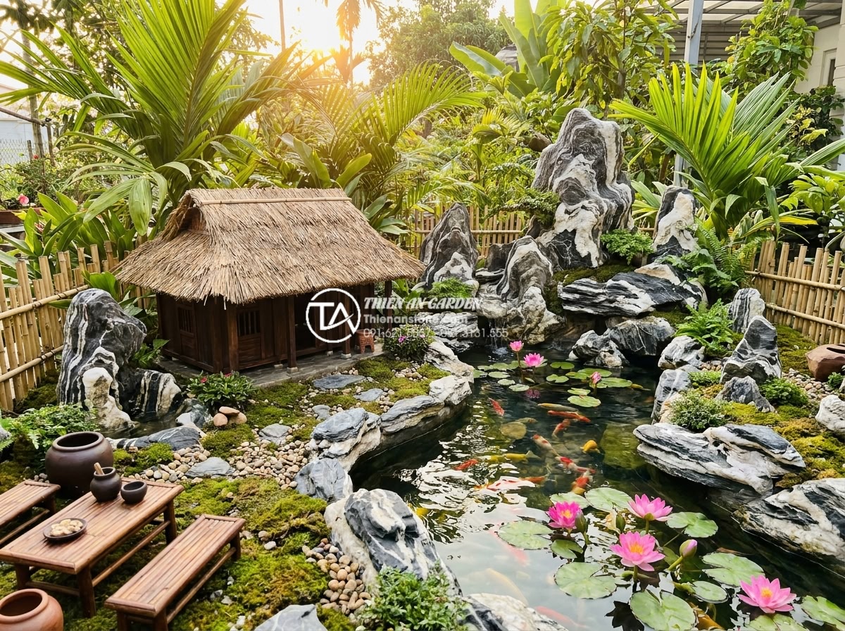 Tích hợp hồ cá Koi vào tiểu cảnh làng quê Bắc Bộ: Nên hay không? - Wide realistic shot of a harmonious Northern Vietnamese village miniature landsc