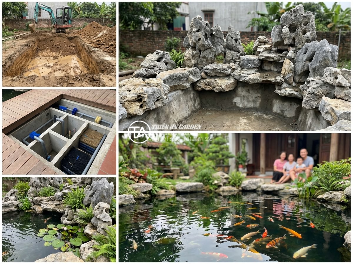 Tích hợp hồ cá Koi vào tiểu cảnh làng quê Bắc Bộ: Nên hay không? - Step-by-step professional construction process of Koi pond in Northern Vietnames