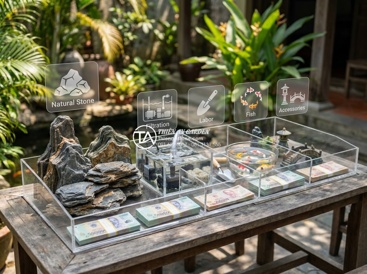 Tích hợp hồ cá Koi vào tiểu cảnh làng quê Bắc Bộ: Nên hay không? - Professional infographic-style realistic image of cost breakdown for Koi pond an