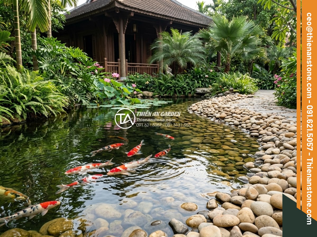 Tiểu cảnh đá cuội cho hồ cá Koi: Những lưu ý an toàn cho cá - Professional high-resolution landscape photography of a large serene Koi pond in
