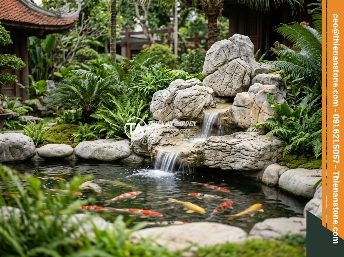 Tiểu cảnh đá cuội cho hồ cá Koi: Những lưu ý an toàn cho cá - Hình 16 Tiểu cảnh đá cuội cho hồ cá Koi: Những lưu ý an toàn cho cá - Stunning photography of luxury Koi pond with natural pebble waterfall feature, s