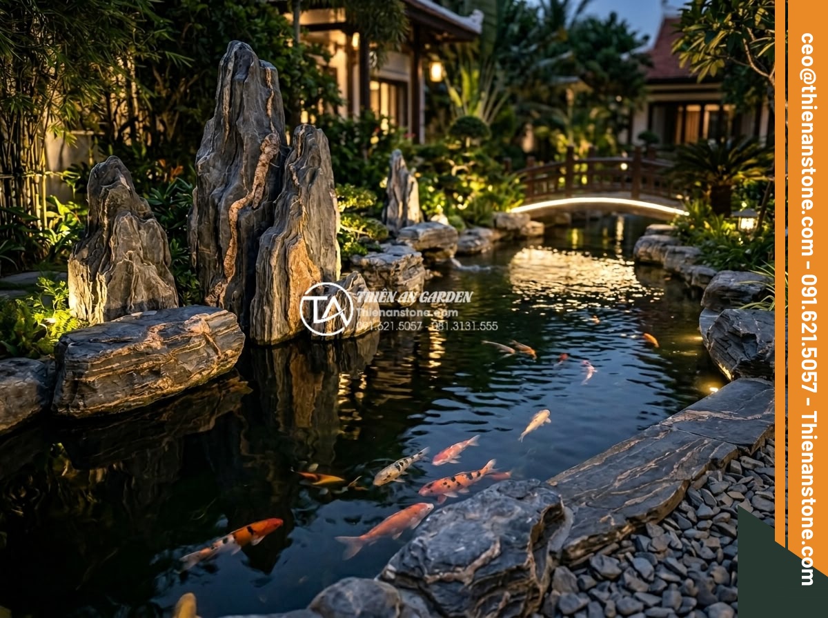 Tiểu cảnh đá cuội cho hồ cá Koi: Những lưu ý an toàn cho cá - Hình 4 Tiểu cảnh đá cuội cho hồ cá Koi: Những lưu ý an toàn cho cá - Elegant evening photography of illuminated Koi pond with smooth cuội stones glow