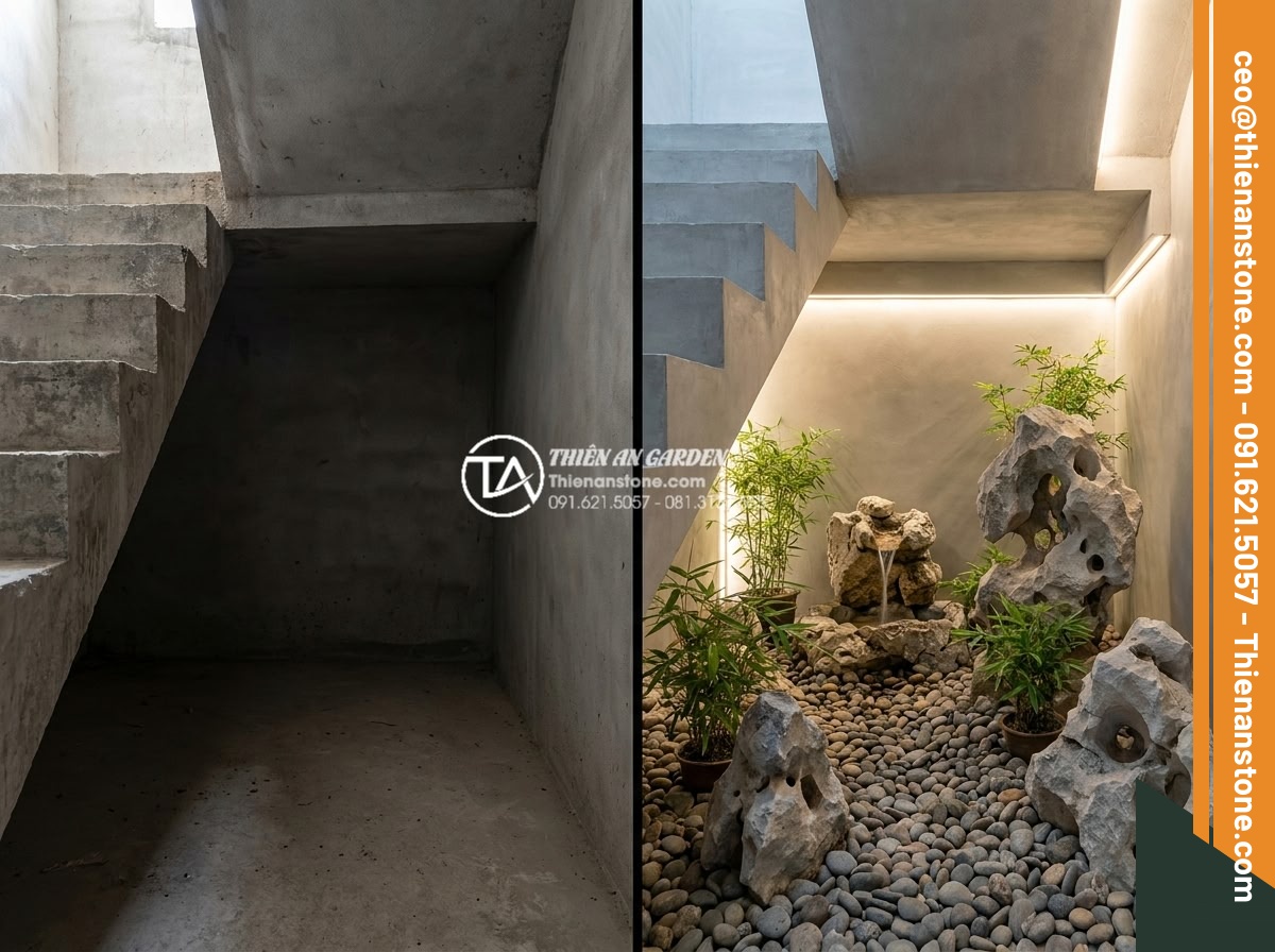 Tiểu cảnh đá cuội gầm cầu thang: Cách hóa giải góc chết hiệu quả - High detail realistic photograph showing a before-and-after transformation of a 
