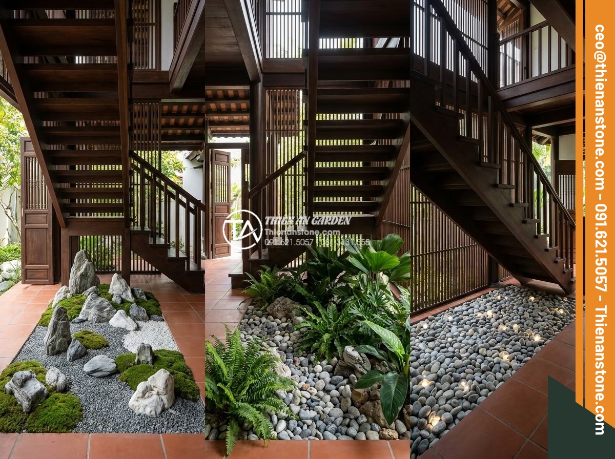 Tiểu cảnh đá cuội gầm cầu thang: Cách hóa giải góc chết hiệu quả - Stunning wide-angle realistic rendering of three different under-stair pebble la